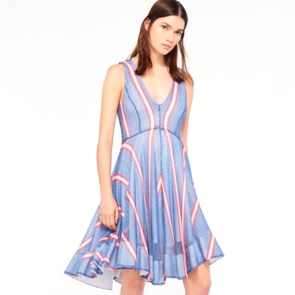 𝅺SANDRO Paris sheer mesh, asymmetrical, hem dress